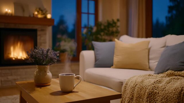 Wide cinematic shot of living room interior at night, fireplace glowing warmly, wooden table holding hot coffee and small decorative items, soft sofa with textured pillows and blan