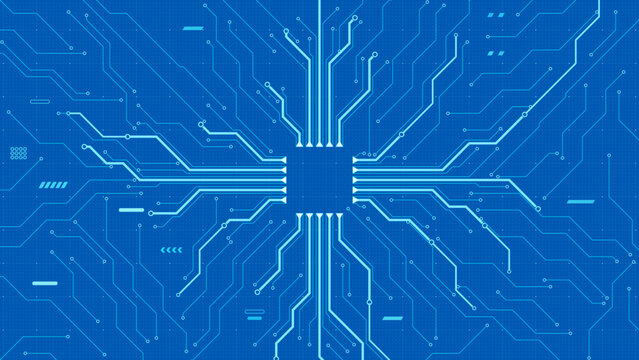 Futuristic central microchip with luminous circuit traces on a bright blue grid background, clean high tech motherboard composition for digital systems, electronics, and vector design projects.