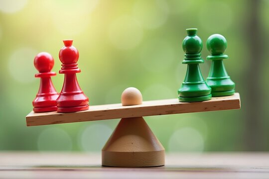 Close-up of red and green pawn figures on a wooden seesaw, representing leverage and balance in business and community relationships.