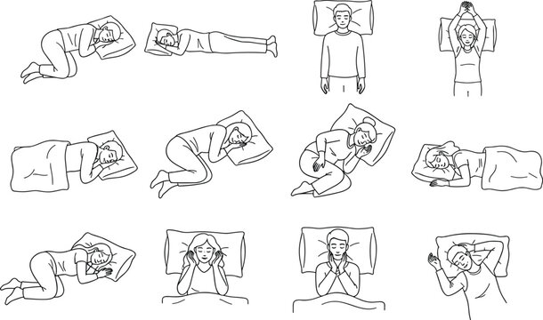 Set of sleeping positions illustrations showing healthy sleep postures for men and women rest comfort vector line art collection