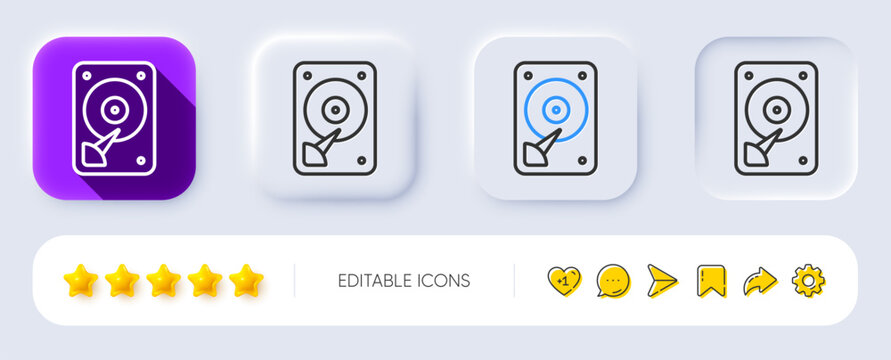 HDD icon. Neumorphic, Flat shadow, 3d buttons. Hard disk storage sign. Hard drive memory symbol. Line hDD icon. Social media icons. Vector
