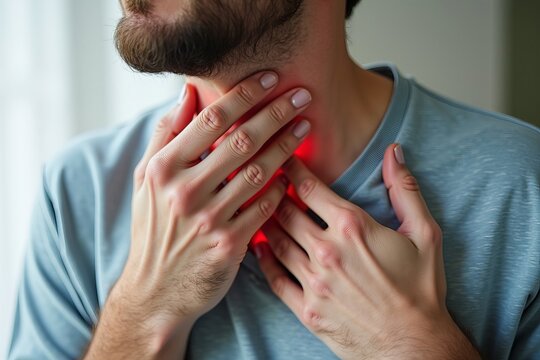 Close-Up Image of Man's Hand Feeling Sore Throat Pain and Discomfort Associated with Various Throat Conditions