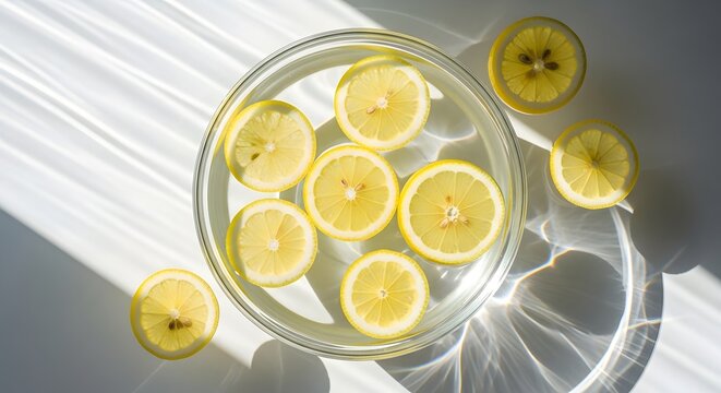 Lemon slices floating in a glass bowl of water