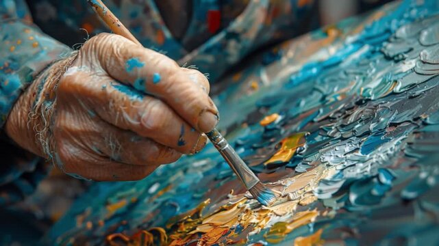A professional painter's skilled hands delicately maneuver a fine brush, applying vibrant colorful paint to a textured surface, highlighting creativity, craftsmanship, and attention to detail