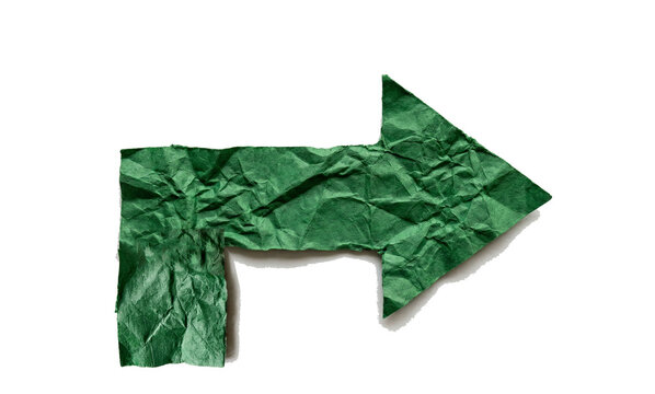 Green crumpled paper arrow turn right isolated on white background,transportation,sign,