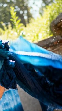 Vertical video: Pulling indigo cloth from vat, dyer in shortsleeve top shaking for drying in yard