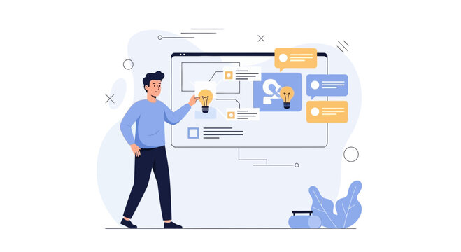 Man presenting business strategy with lightbulb ideas on digital board, teamwork, innovation