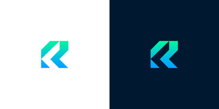 Modern abstract letter R logo design in green and blue gradient colors, set against white and dark backgrounds