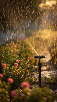 Close-up of garden sprinkler watering blooming flowers in sunlight.