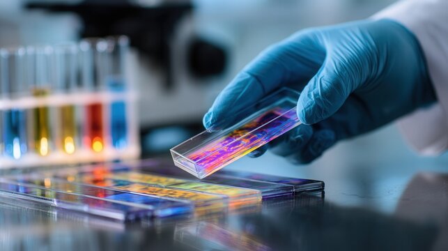 Lab technician transferring stained glass slide across bench, rows of tubes and microscope visible, systematic sample handling, organized workflow in diagnostic laboratory, focus on throughput
