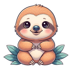 Obraz premium Cute Baby Sloth Illustration, Adorable Cartoon Animal, Kawaii Style, Sitting on Leaves
