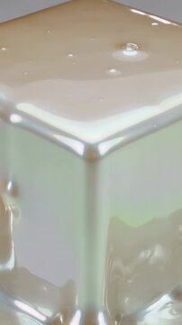 Vertical video: Pouring pearlescent liquid coating yellow cuboid to form gloss on studio table