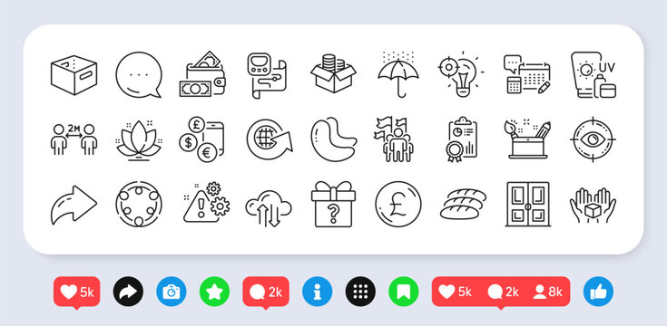 Cashew nut, Money box and Metro map line icons pack. Social media: share, comment, like icons. Cloud sync, Seo idea, Account web icon. Hold box, Social distancing, Money wallet pictogram. Vector