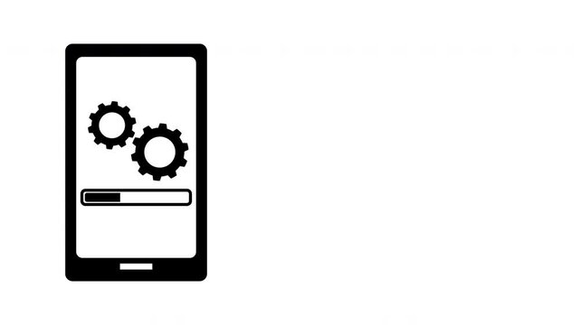 Mobile phone icon with file upload. Opening files, unpacking from a folder. Loading phone, spinning gears.4k animation