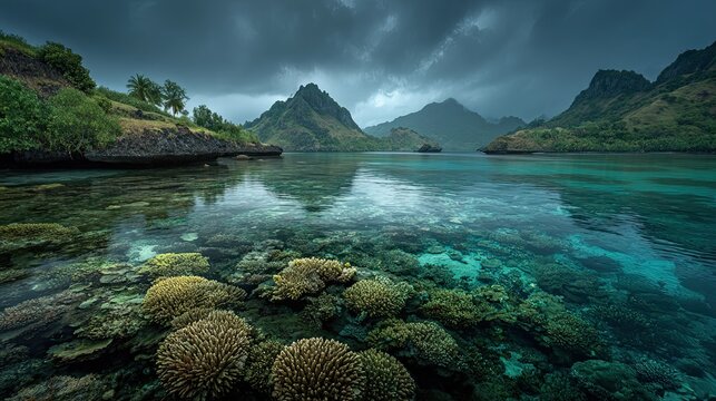 Fires of the Deep Pacific volcanic islands - Fringing coral reefs and Brain coral formations Nature