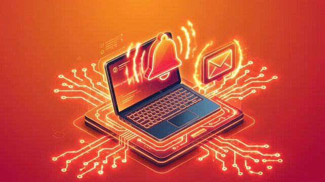 Laptop Notification Alert Email Message Network Security Warning Screen Glow Orange Red Digital Communication Technology Background