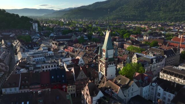 Freiburg im Breisgau, Germany at Sunrise. Aerial Drone Shot on Freiburger Dom Cathedral. 4k Drohne Footage