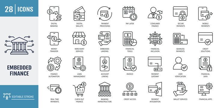 embedded finance icon set. Icons related to user verification, identity check, fraud detection, account linking, open banking, pay later, payment. Vector illustration with editable stroke