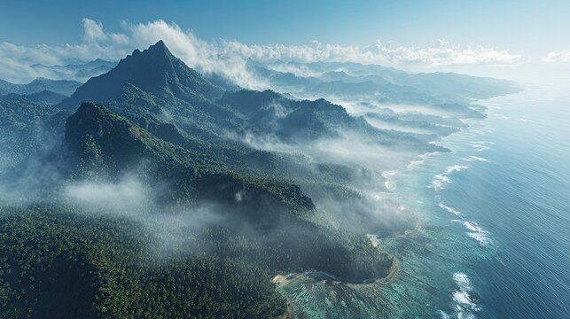 Fires of the Deep Pacific volcanic islands - Fringing coral reefs and Swirling mountain fog Scenery