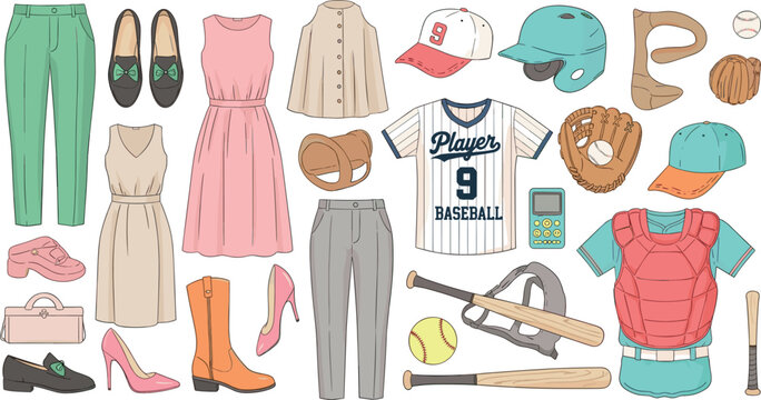 Fashion and Baseball Gear Collection, Dresses, Shoes, Pants, Jerseys, Helmets, and Sports Equipment for Stylish Sports and Casual Designs