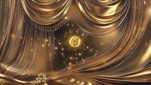 A Luxurious and Opulent Draped Fabric Panel in a Rich Metallic Gold Shade Hanging Elegantly