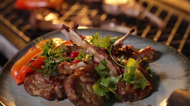 Fresh Grilled Lamb Steak on a Plate in Restaurant in a Warm Light. Chef is Serving Roasted Lamb Meat with Vegetables.