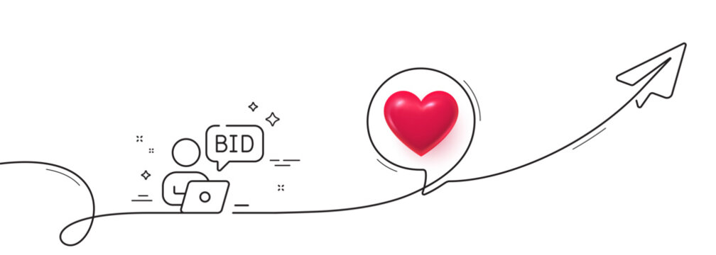 Online auction line icon. Continuous line with share plane. Bid offer sign. Raise the price up symbol. 3d heart in speech bubble. Online auction single line ribbon. Loop curve pattern. Vector