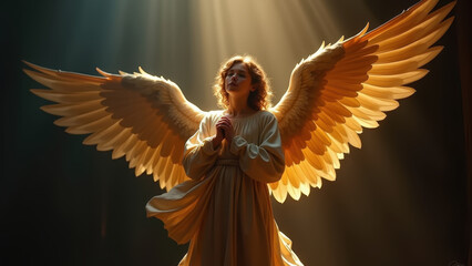 Fototapeta premium Angel Gabriel with golden wings in divine light