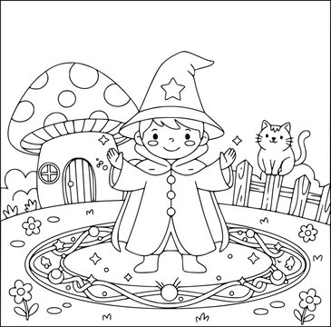 Coloring worksheet showing a young wizard inside a glowing mystical star circle