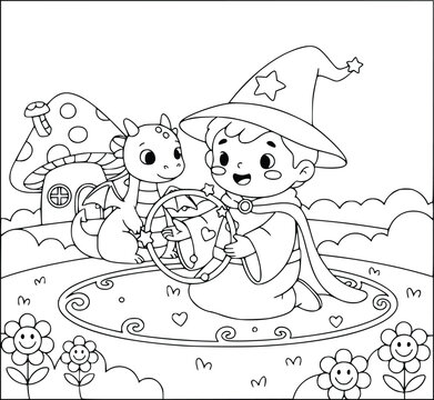 Coloring activity features a young wizard and dragon playing with a magic ring