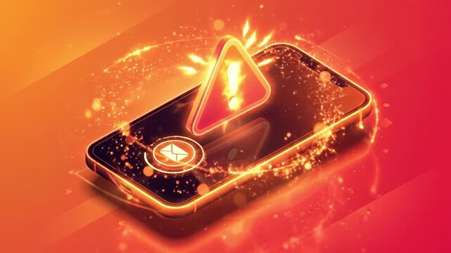Smartphone warning alert notification icon on glowing orange screen with digital signal, mobile phone message alert glow, cyber security risk warning on dark interface