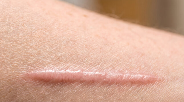 Close-up of linear keloid scar on smooth skin with soft lighting