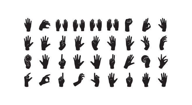 Hand gesture icons set, various human hand poses and signals, communication and expression symbols in vector.