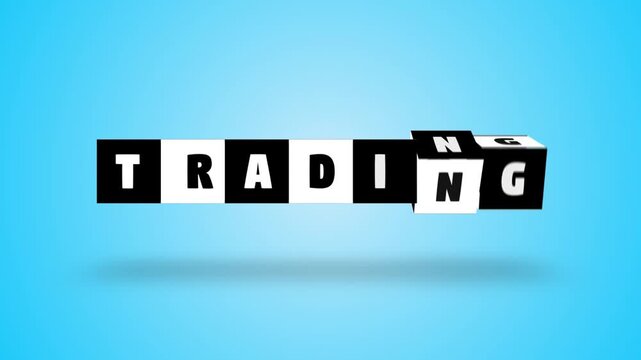 Trading text word block turning black white letter cube spin slow motion animation. blue background. 3D. 3D rendering, Stamp or Seal neon glow with shadow intro outro signs isolated on alpha channel