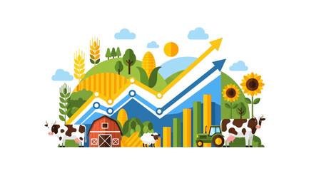 Naklejka premium Agricultural growth and economic progress represented by a rising graph with farm animals and crops