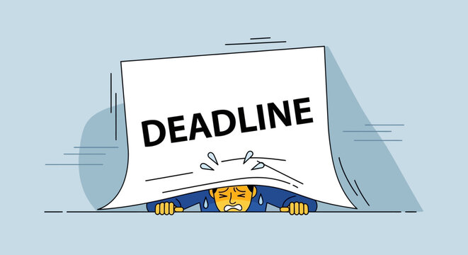 Overwhelmed businessman struggling under a large paper with the word DEADLINE written on it, concept of work pressure and time management