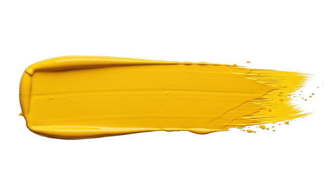 A vibrant yellow paint brush stroke on a smooth surface isolated on transparent background