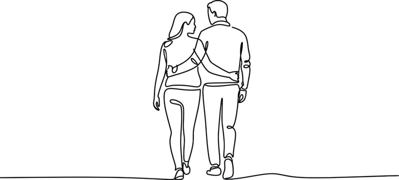 Minimalist couple walking back view line art featuring man and woman with arm around in simple outline style for lifestyle illustration design
