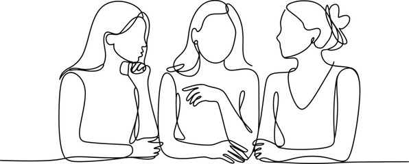 women conversation line art featuring three female friends sitting together and talking in simple outline style for lifestyle illustration design © Vector Nest