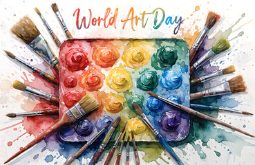 Fototapeta premium A vibrant illustration celebrating World Art Day with paintbrushes and a colorful palette