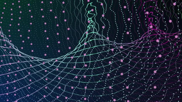 Intricate digital particle mesh with glowing pink and turquoise dots forming abstract waves for sophisticated technology and data analytics backdrop design