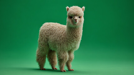 Fototapeta premium A fluffy alpaca stands gracefully against a vibrant green background, showcasing its unique and charming features.