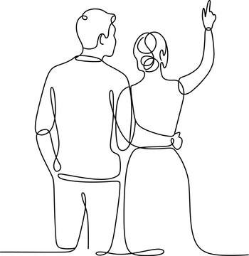 couple back view line art featuring man and woman standing together with arm around in simple outline style illustration
