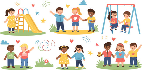 Fototapeta premium Children Playing and Having Fun Vector Set with Swings, Slides, and Friendship Activities for Outdoor Play