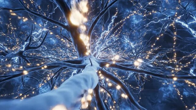 The visual representation shows the activity of Red Neuronal patterns in a 3D space. It captures the flow of neural connections and electrical signals happening inside the structure