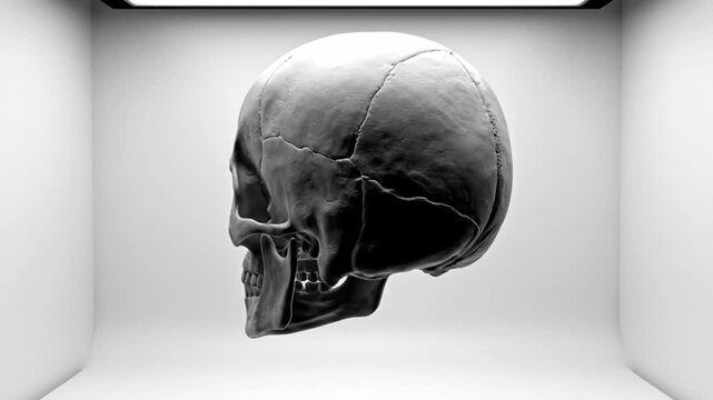 The 3D model of a human skull displays the structure and features of the bones in four views. It showcases the shape and intricate details in a simple studio environment