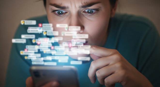 A person looking overwhelmed by a flood of digital notifications on a smartphone.
