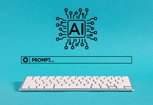 Keyboard with AI chip icon and prompt bar on a blue background