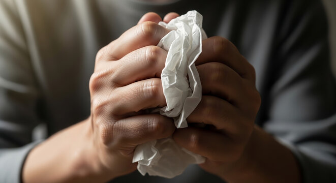 Close-up of a person's hands tightly clenching a crumpled white tissue, suggesting distress or illness.