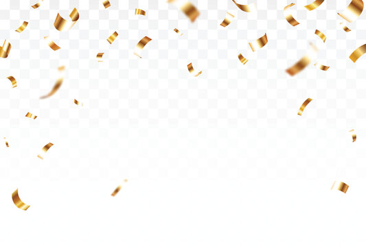 Falling shiny gold confetti and ribbons, confetti for party element design, isolated on transparent background